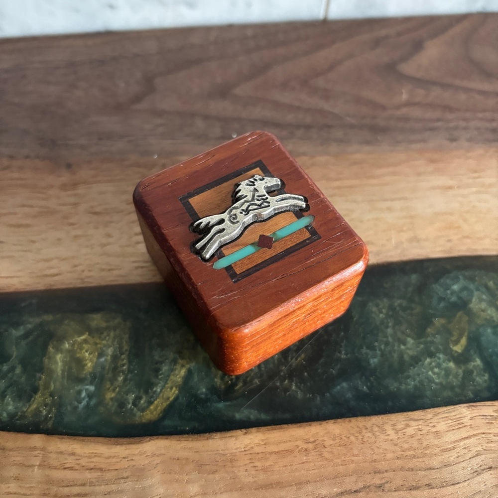 Heartwood Creations Wood Trinket Box with Inlaid Silver Horse Detail